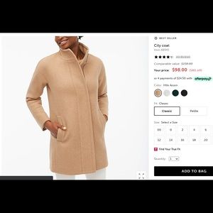 J Cree Brand New City Wool Coat - Tan/beige size 2
